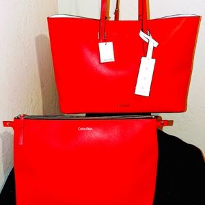 Calvin Klein 2PC Vegan Reversible Large Tote Shoulderbag Satchel w/Wristlet-BNWT